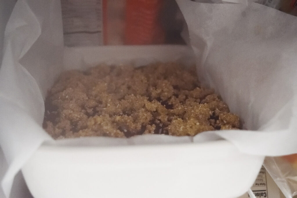 Crumble bars chilling in the fridge.