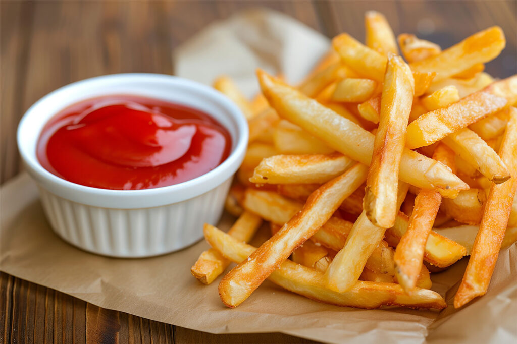 French fries potato chips served with tomato sauce dip.