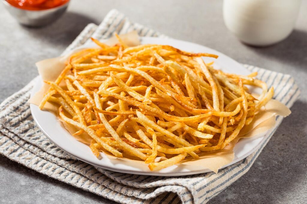 Homemade Shoestring French Fries with Salt and Ketchup