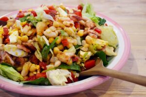 Side view of a large High-Protein Dense Bean Salad.