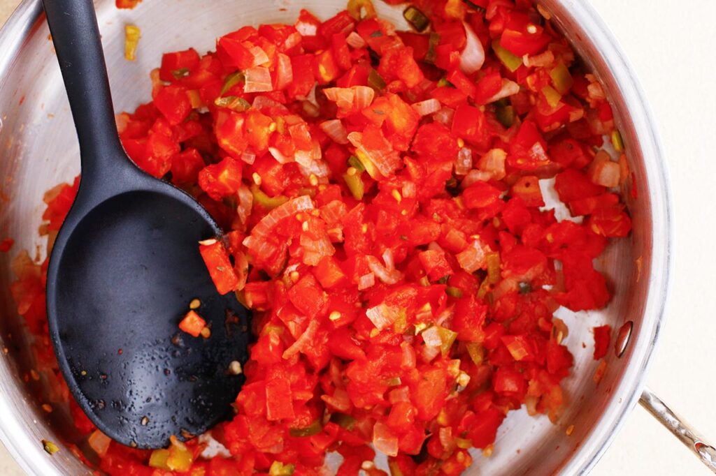 The cooked vegetables in a pot for Rotel.