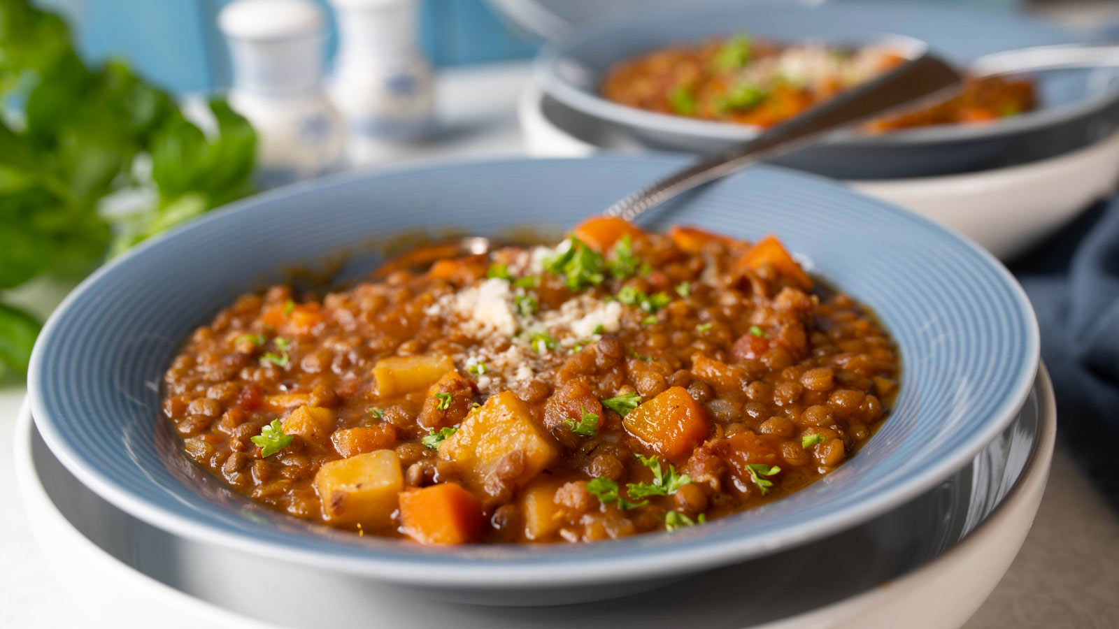 Lentil stew with tomatoes, celery, carrots, herbs and bacon. Topped with parmesan cheese.