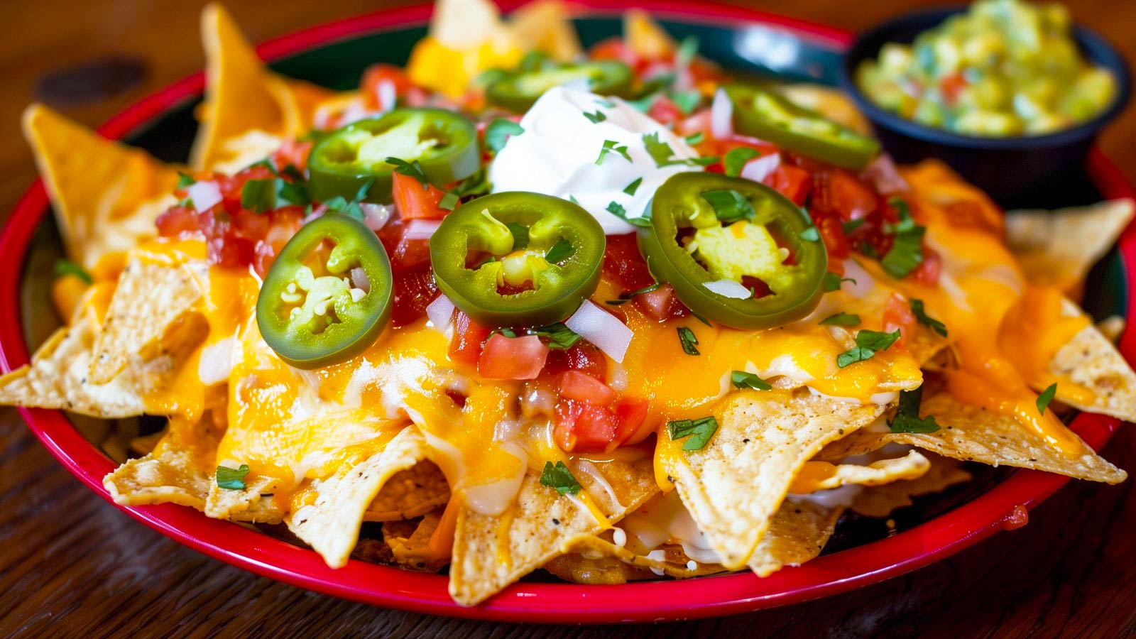 Closeup of a plate of nachos.