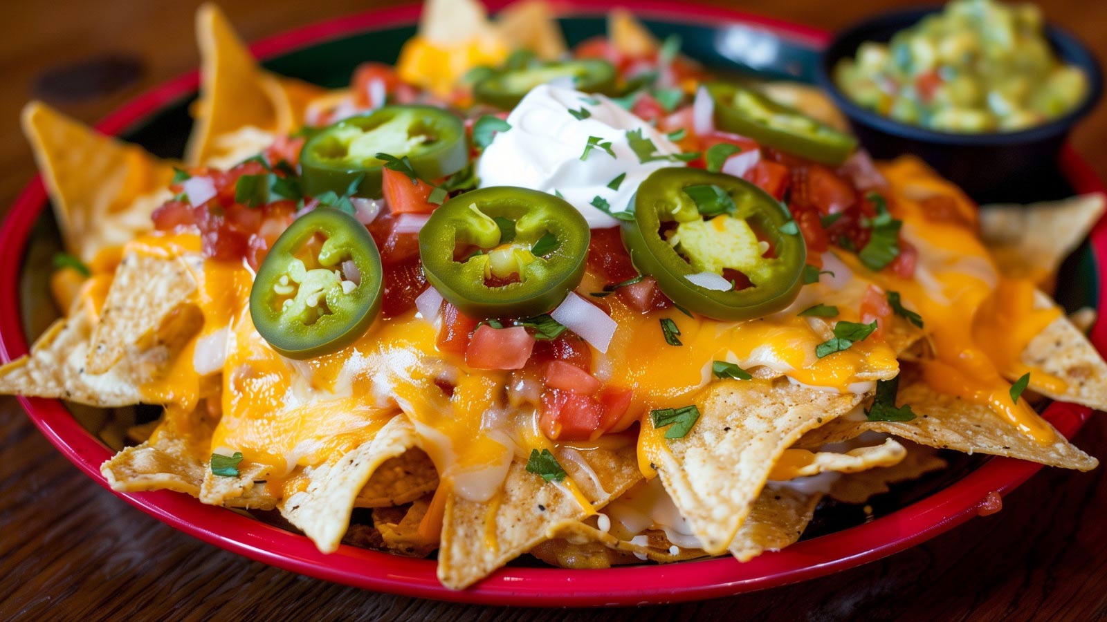 Plate of nachos with a lime wedge.
