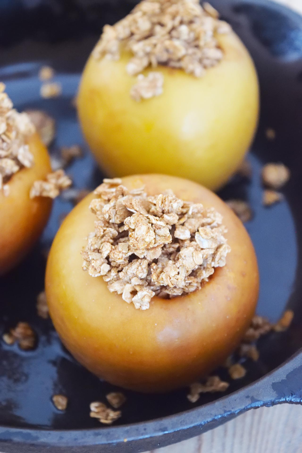 Front view of Baked Breakfast Apples in a skillet.