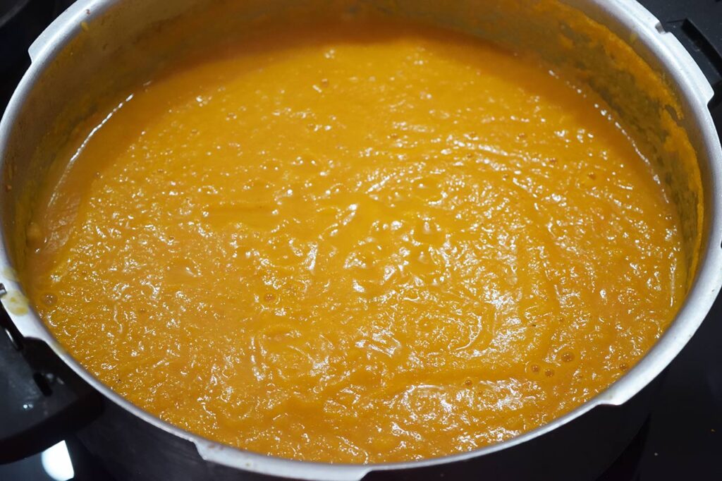 The finished, blended, Butternut Squash Soup in a pot.
