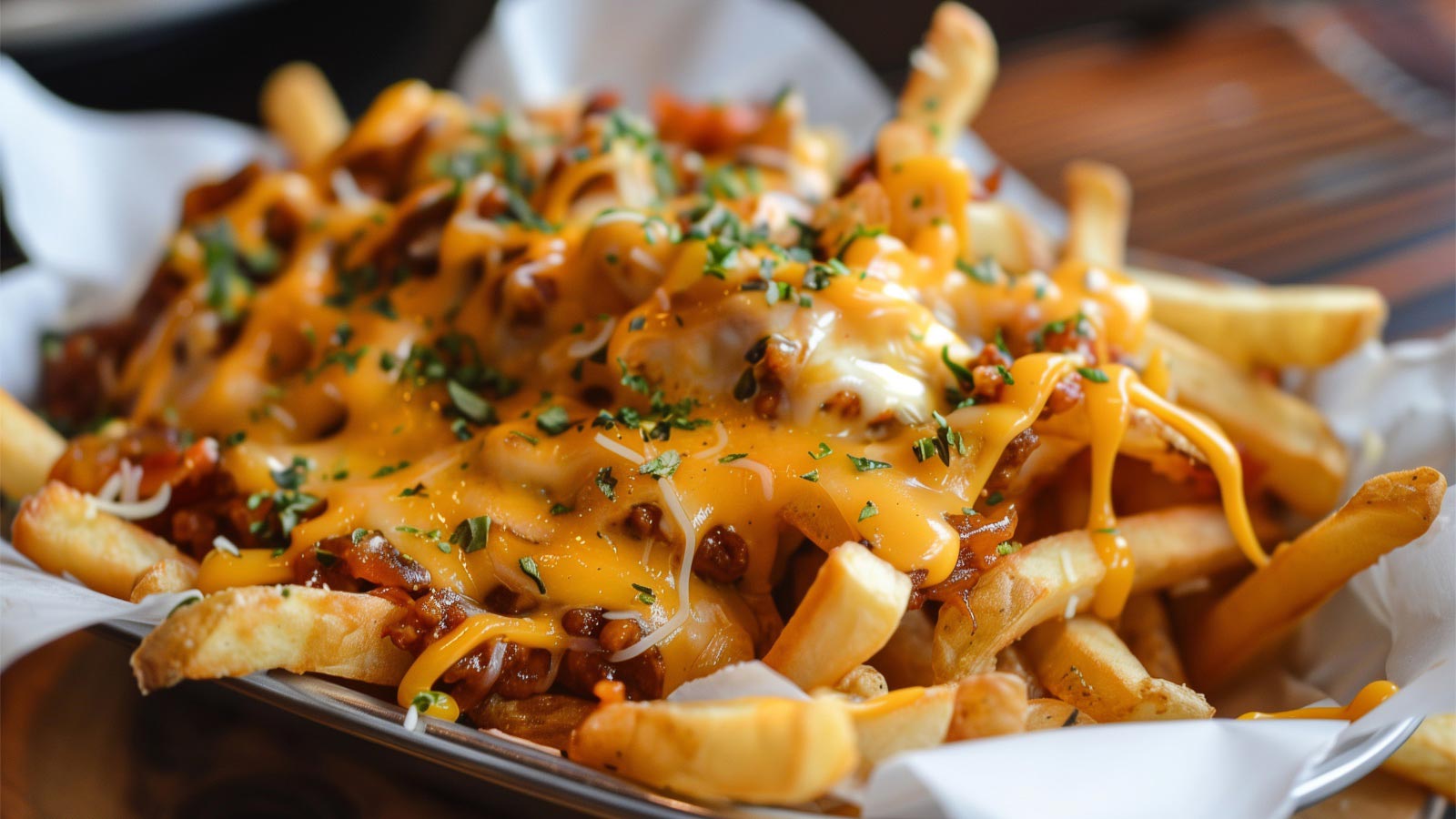 American loaded beef chili cheese fries up close.