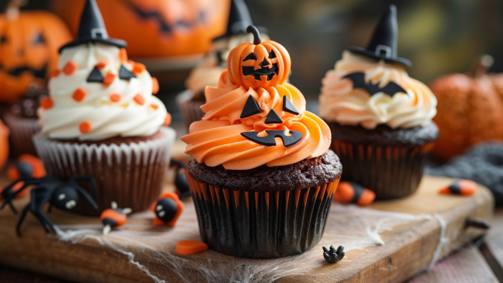 Delicious Halloween cupcakes with vibrant orange and white frosting, topped with spooky decorations, perfect for a festive fall dessert table.