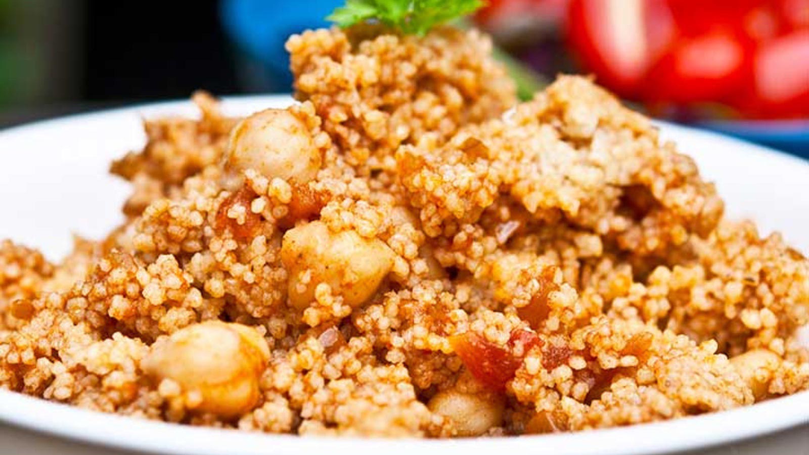 Closeup view of a bowl filled with Indian-style couscous.