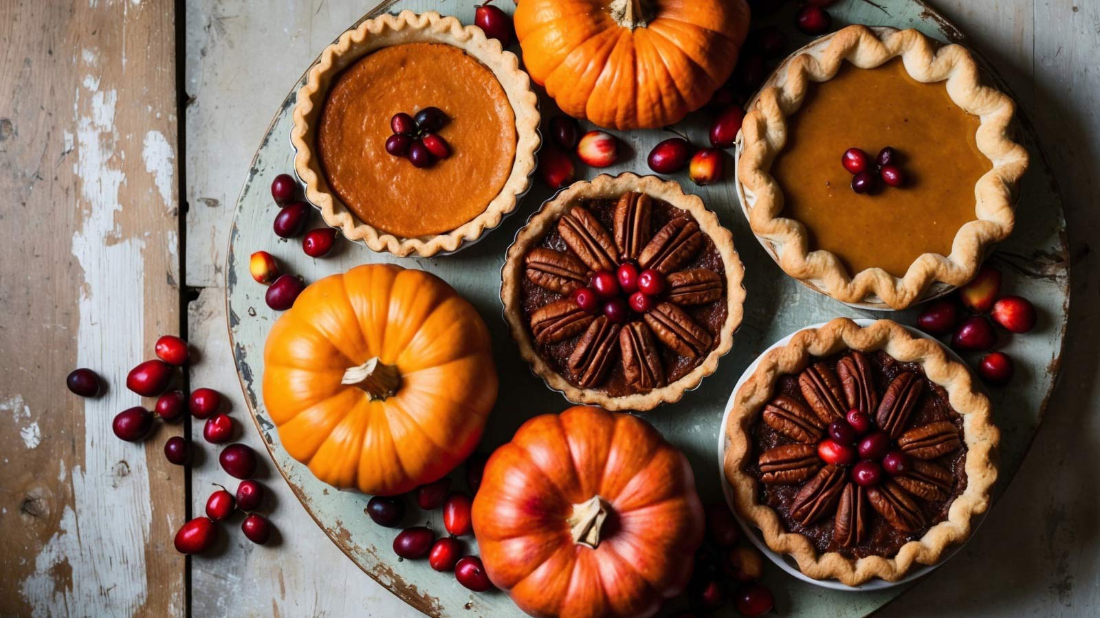 A cozy holiday spread with pumpkin, apple, and pecan pies, decorated with fresh cranberries on a rustic wooden platter. Set against a distressed wood background.