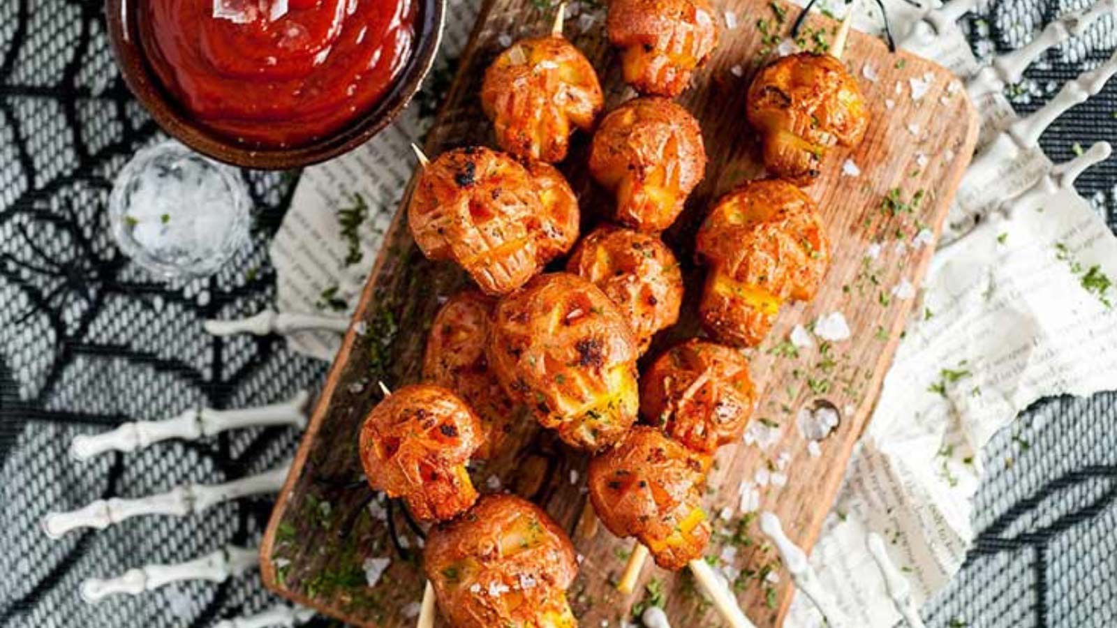 An overhead view of skull-shaped potatoes on skewers laying on a cutting board.