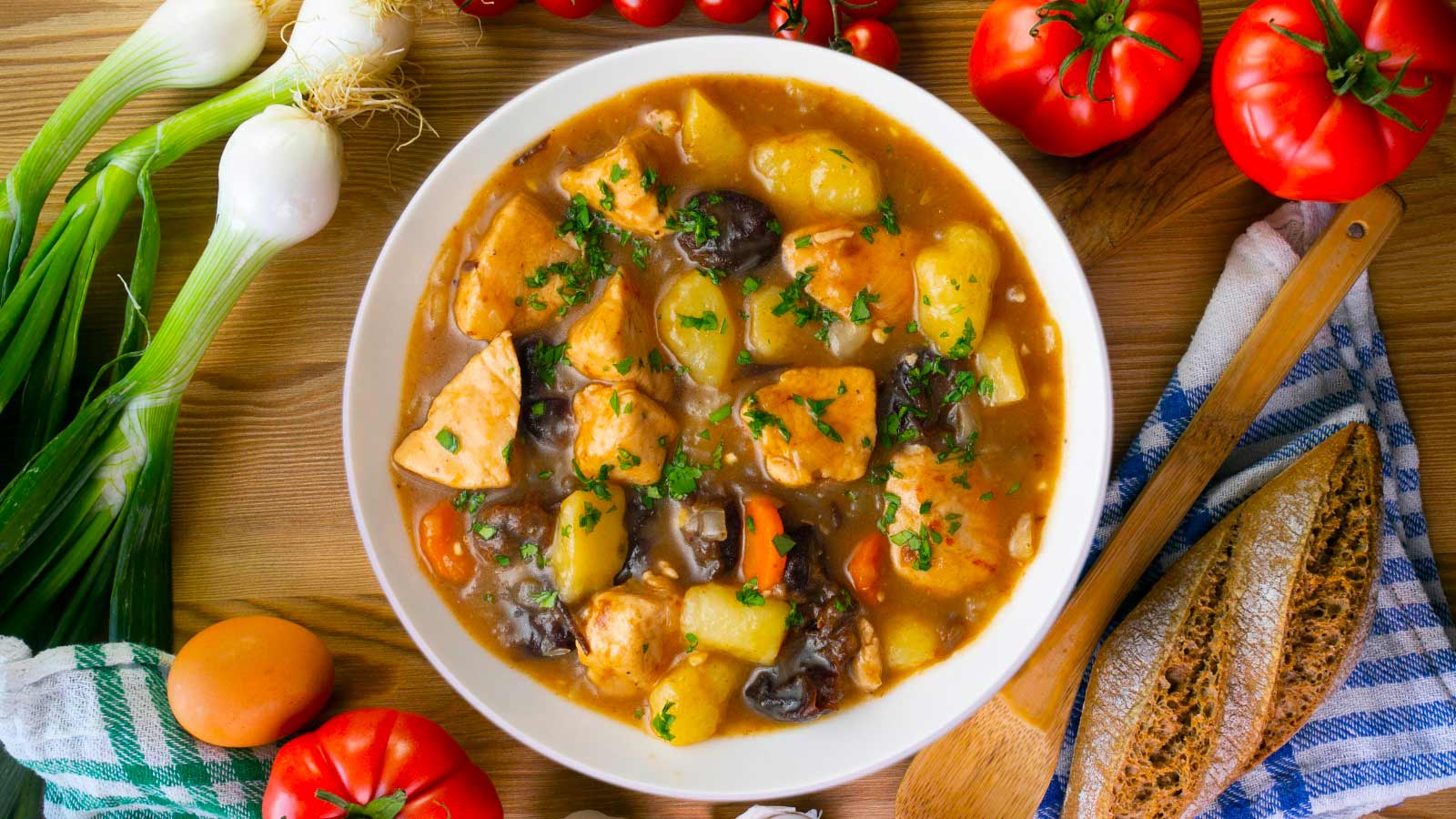 Turkey stew with mushrooms and potatoes.