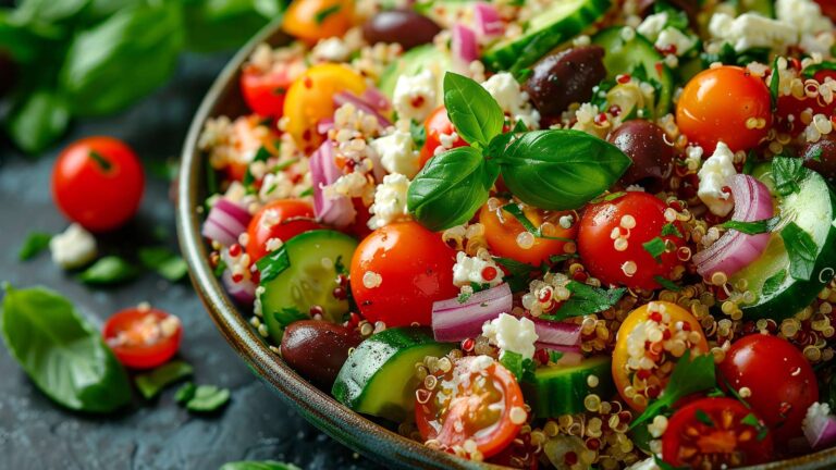 Fresh Quinoa Salad with Cherry Tomatoes, Cucumbers, and Feta Cheese.