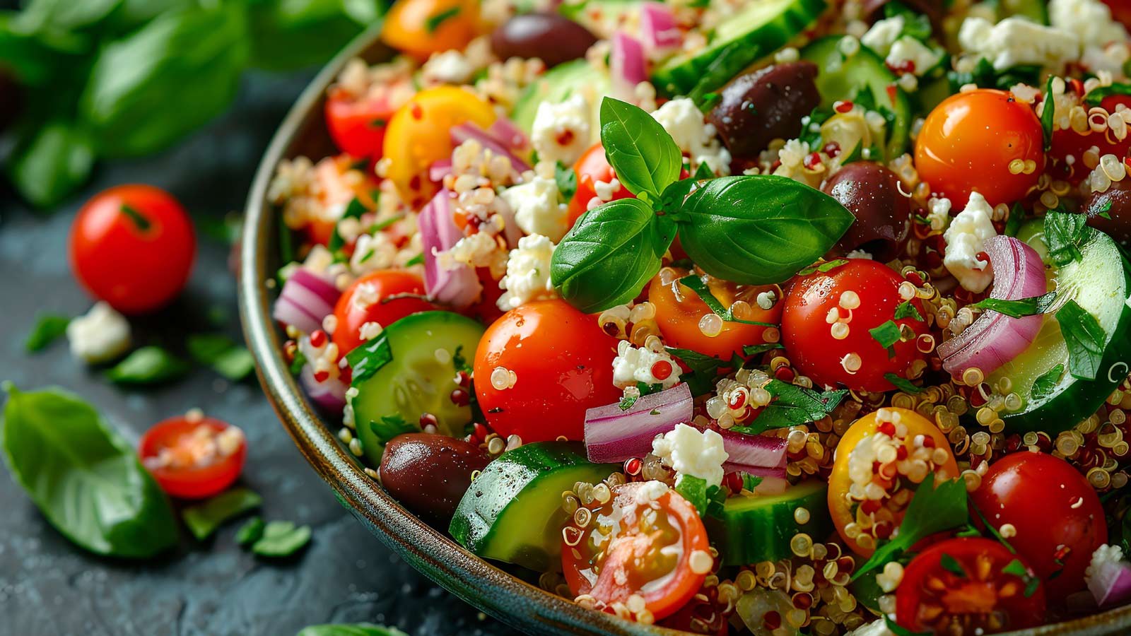 Fresh Quinoa Salad with Cherry Tomatoes, Cucumbers, and Feta Cheese.