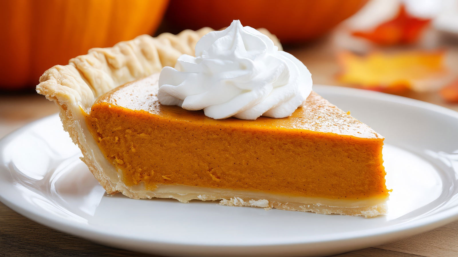 Traditional pumpkin pie slice on a white plate, topped with whipped cream