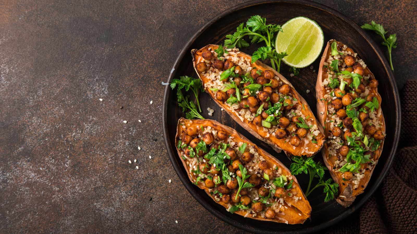 Sweet potato stuffed with chickpeas and quinoa. Top view.