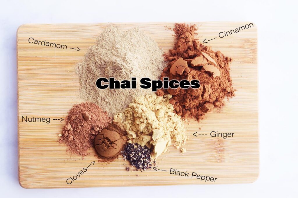 A labeled image of the different spices in this Chai Spice Mix.