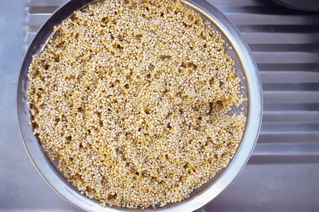 Rinsed quinoa in a find-meshed sieve.