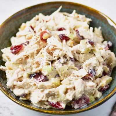 A bowl filled with Cranberry Chicken Salad.
