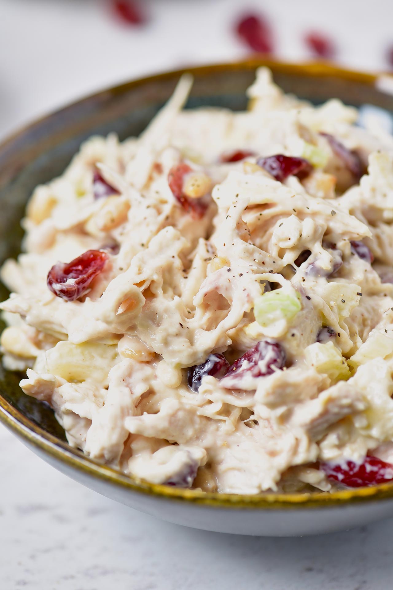 Closeup of a bowl full of Cranberry Chicken Salad.