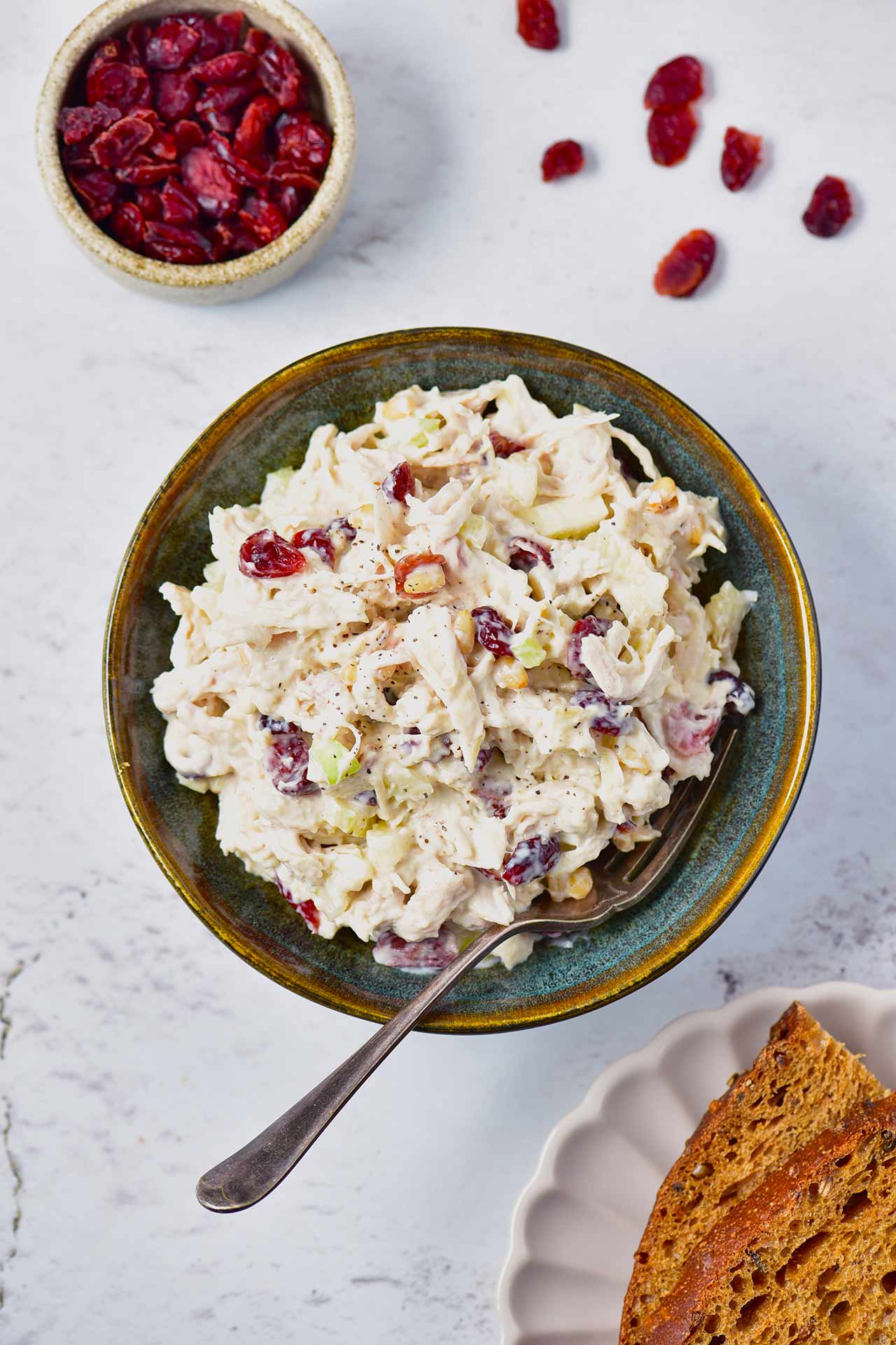 Overhead view of a bowl of Cranberry Chicken Salad.