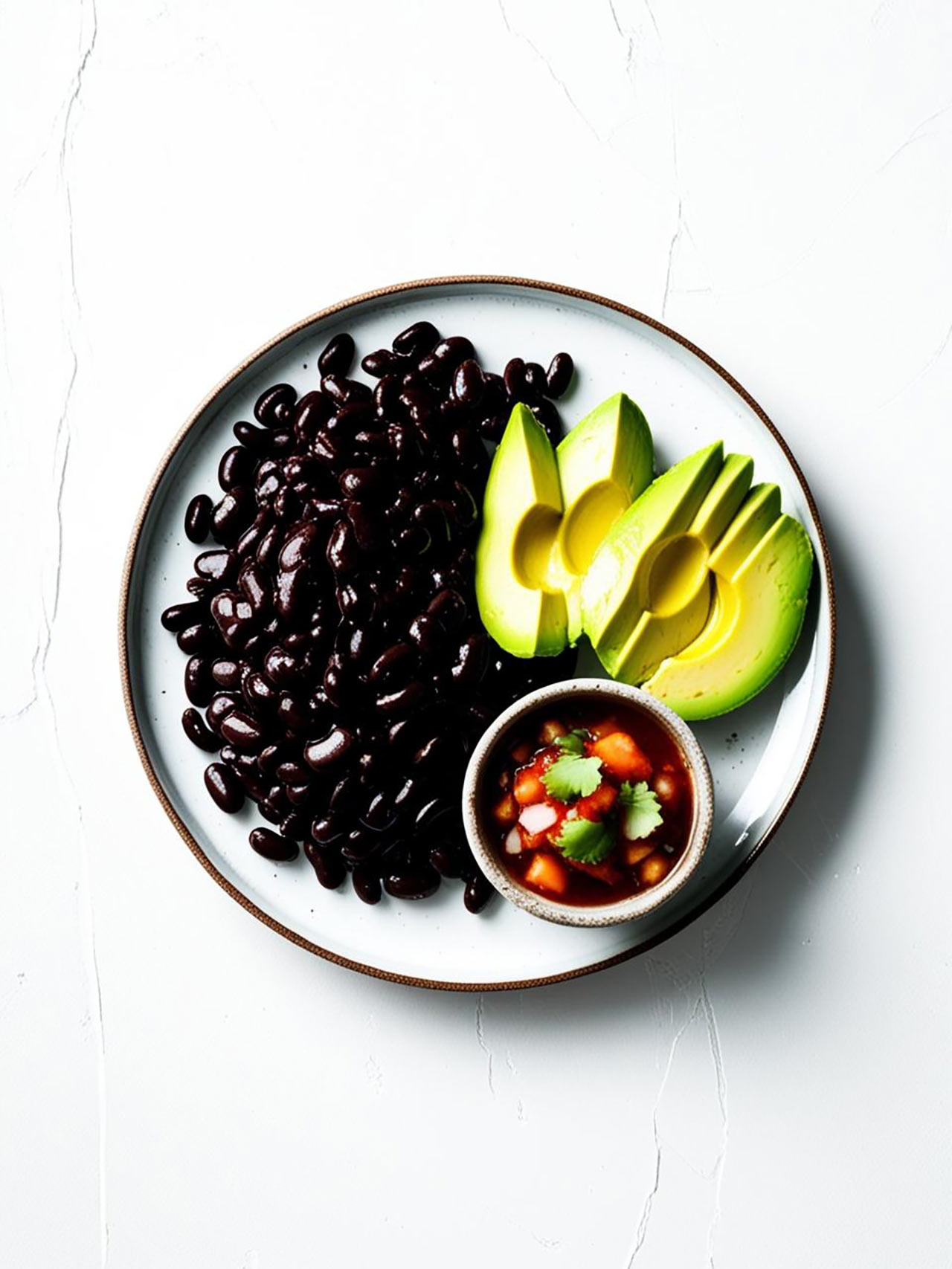Overhead view of a plate with black beans. salsa. and avocado slices.