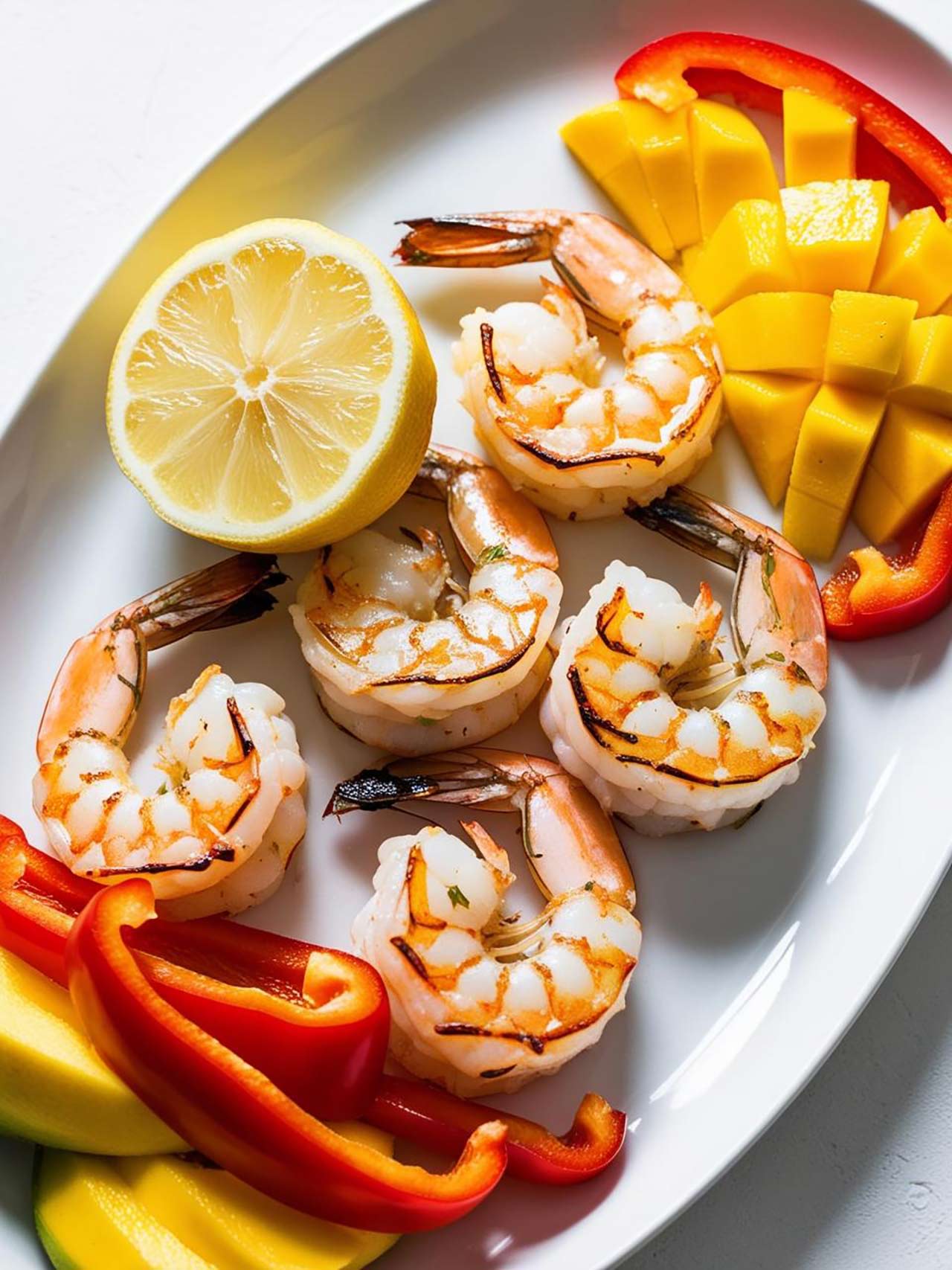 Shrimp, half a lemon, red bell pepper slices, and chunks of mango on a plate.