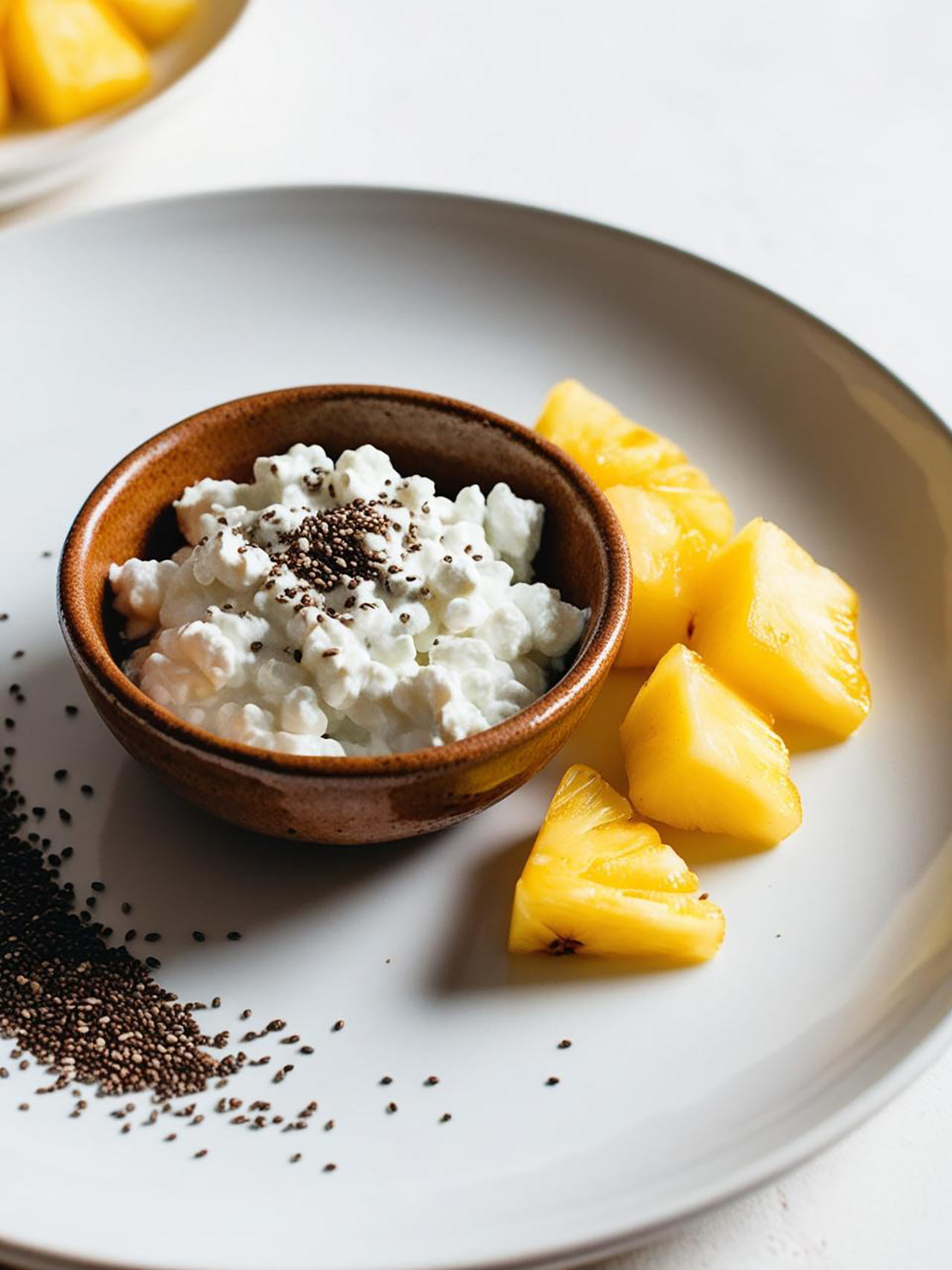 A plate with a small bowl of cottage cheese sprinkled with chia seeds and some pineapple chunks on the side.