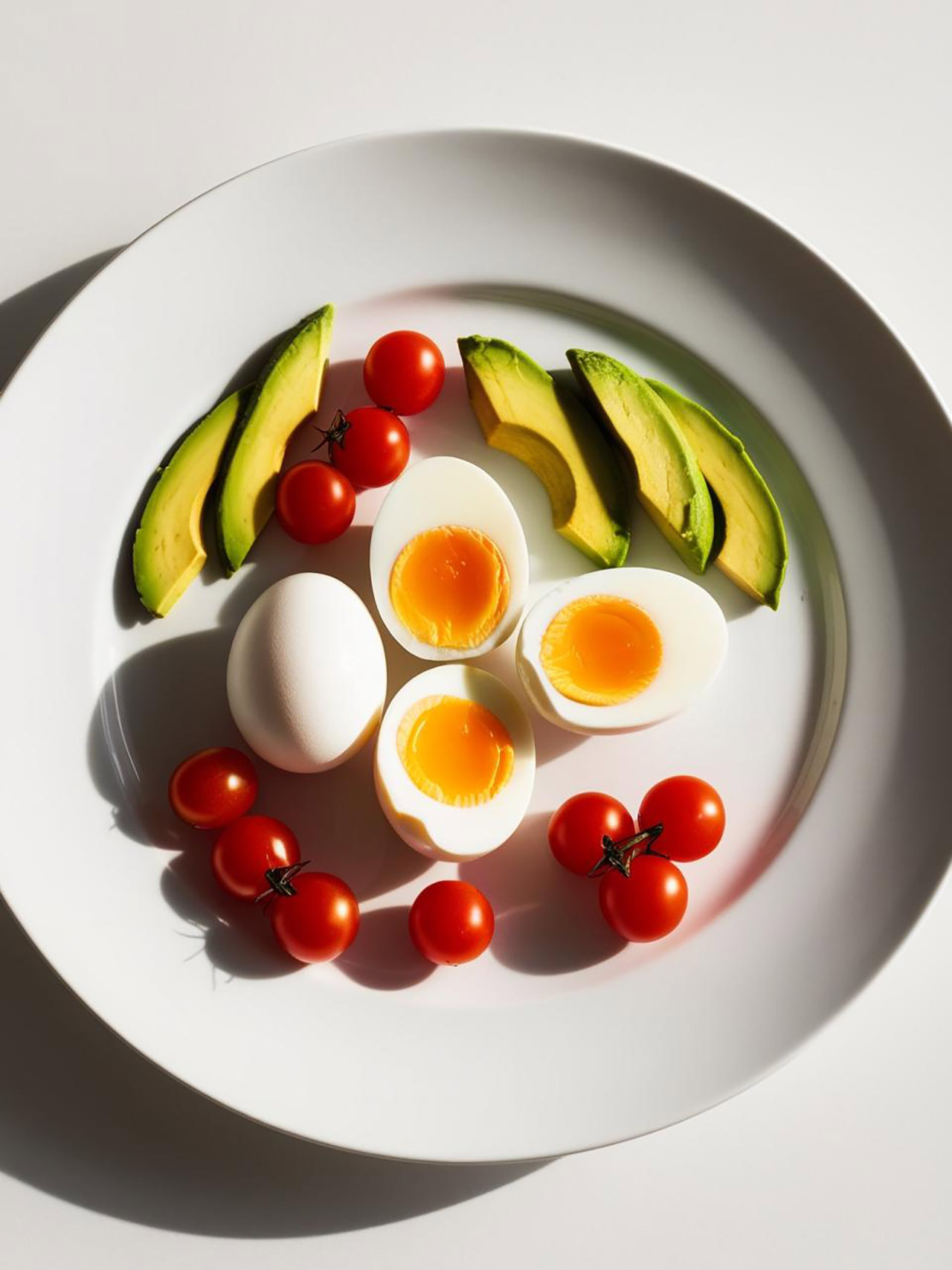 Sliced hard boiled eggs. avocado slices, and cherry tomatoes on a white plate. Overhead view.