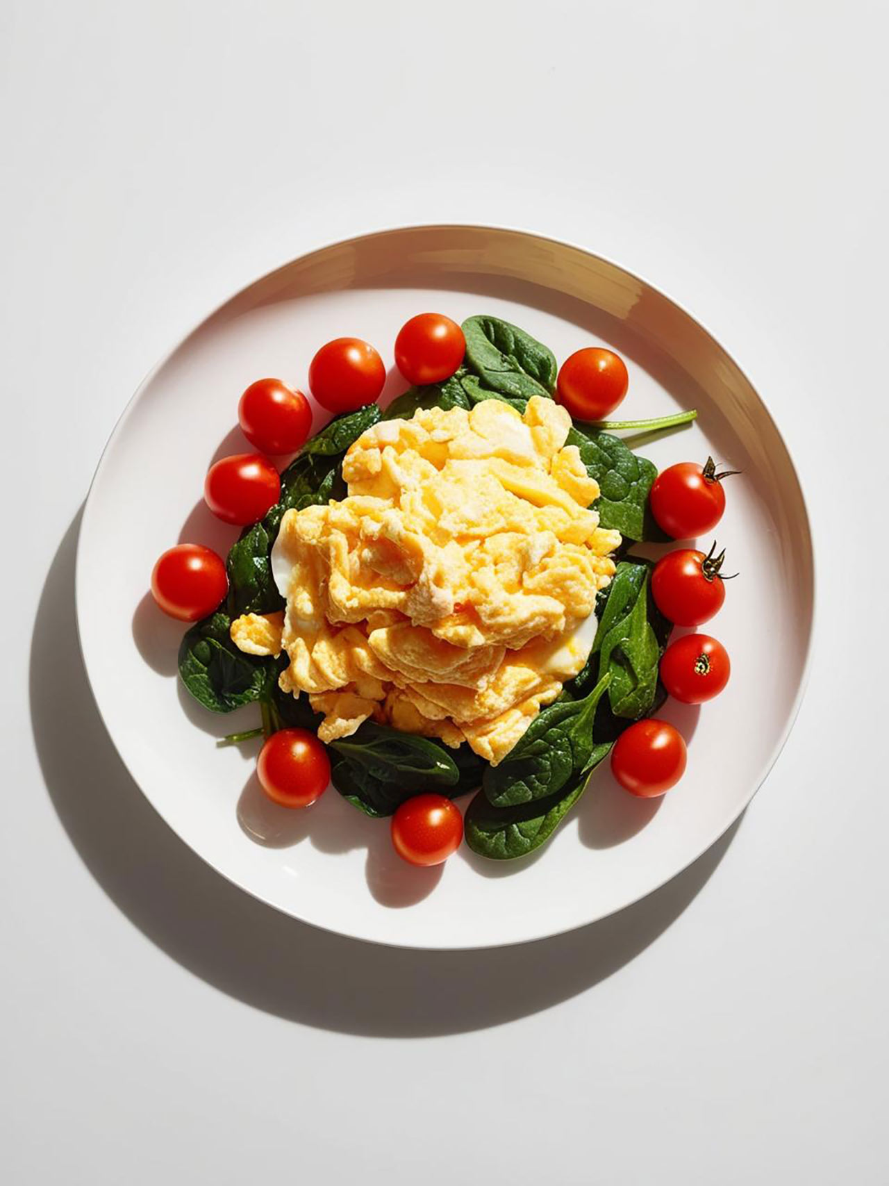 A bed of fresh spinach leaves with scrambled eggs on top, surrounded by cherry tomatoes on a plate.