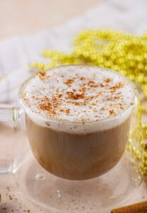 Closeup of a mug full of Christmas coffee.