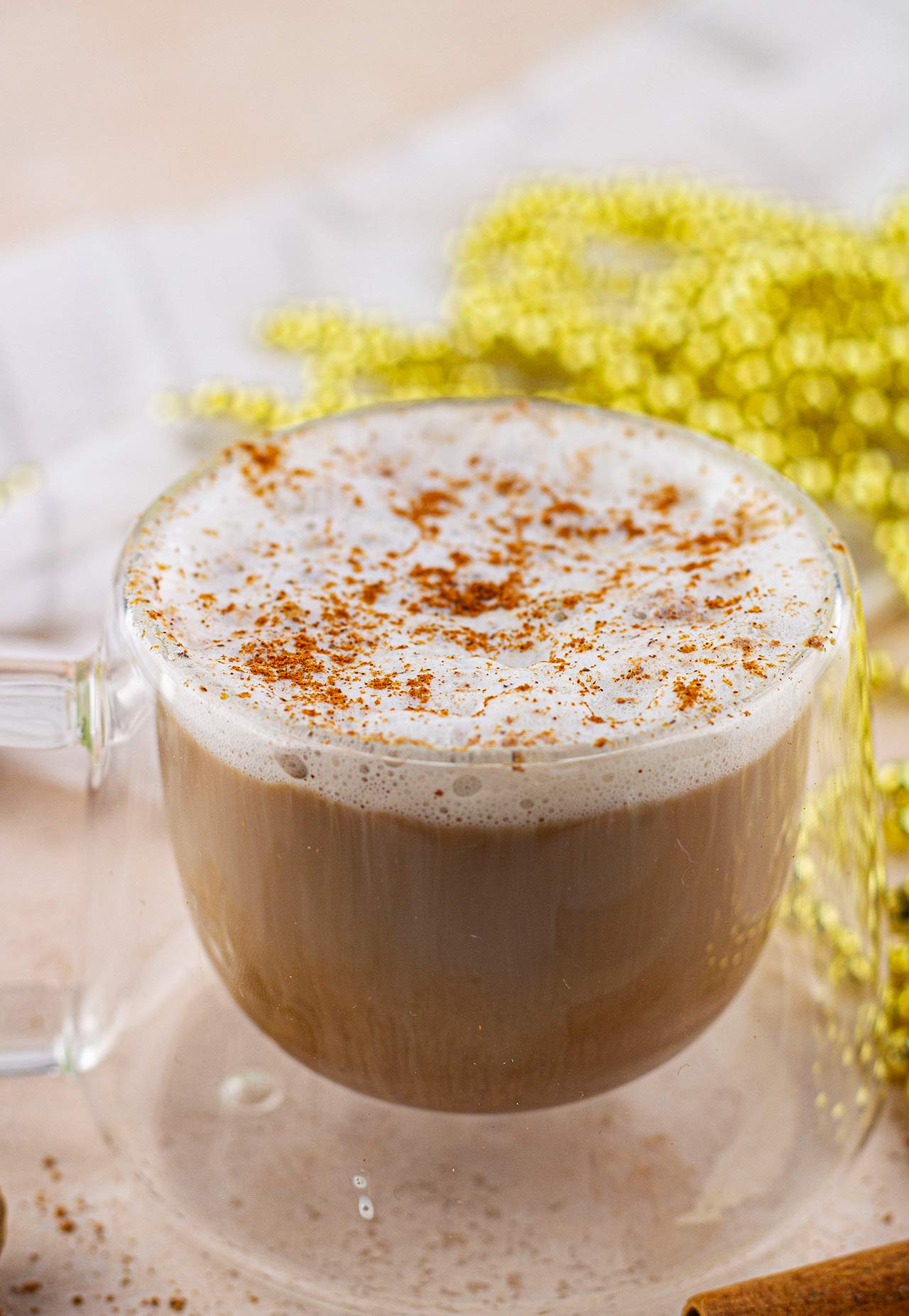 Closeup of a mug full of Christmas coffee.