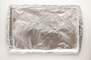 A foiled lined baking pan.