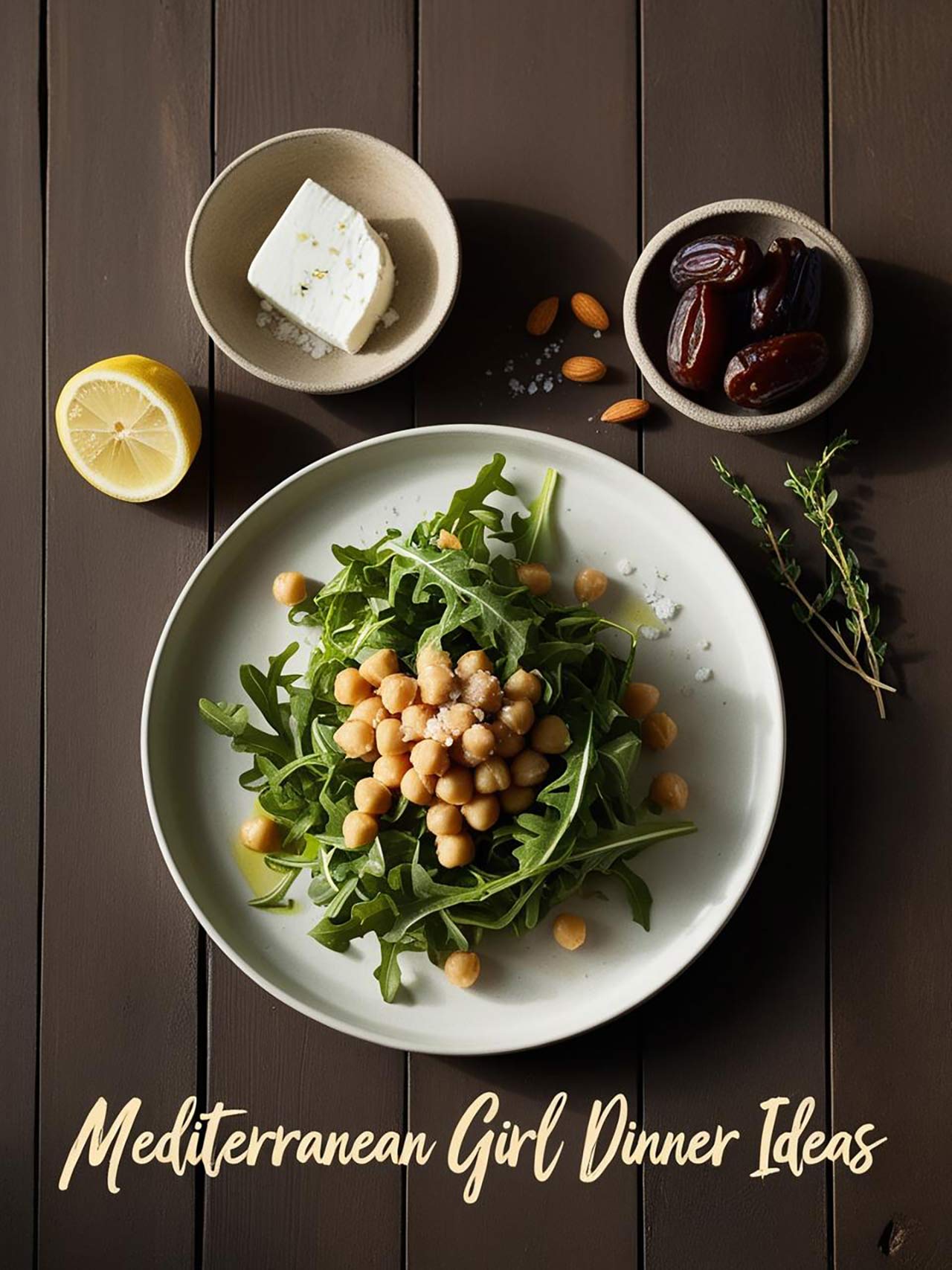 Overhead view of a white plate with arugula and chickpeas. Small bowls of feta and dates sit to the side with a half a lemon.