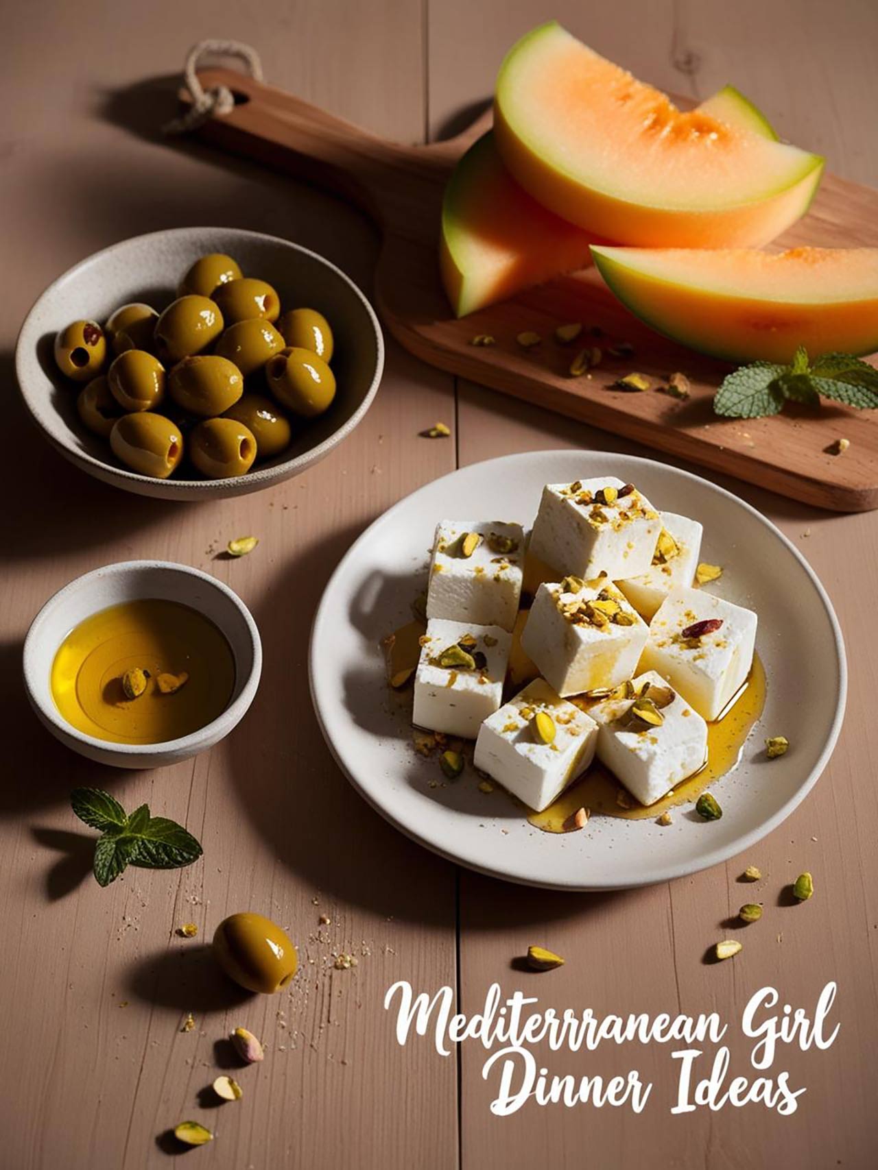 A plate of feta cubes sprinkled with olive oil and chopped pistachios. A bowl of olives and a board of cut melon sit behind it.