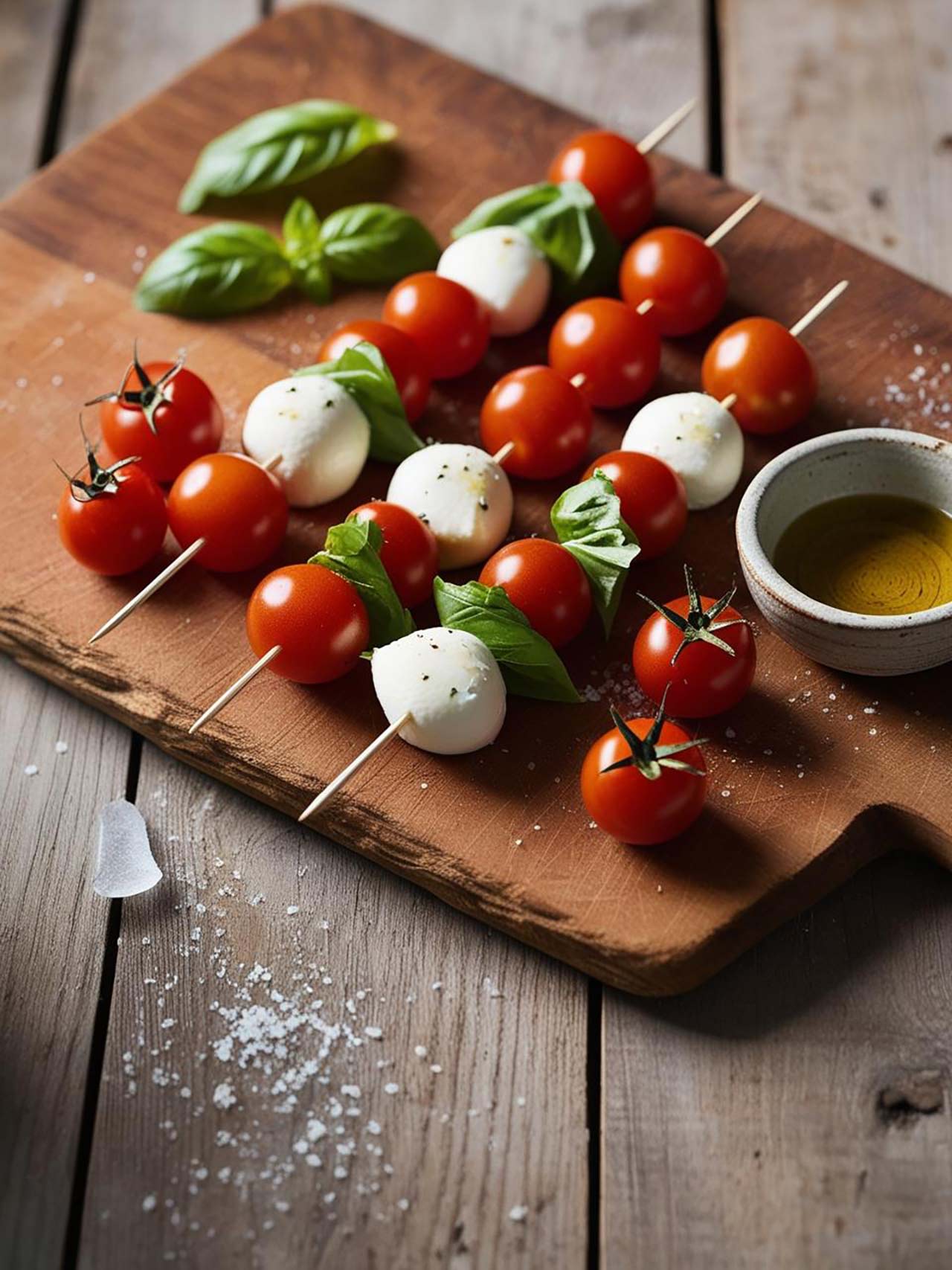 Wood cutting board with caprese skewers and a small bowl of olive oil.