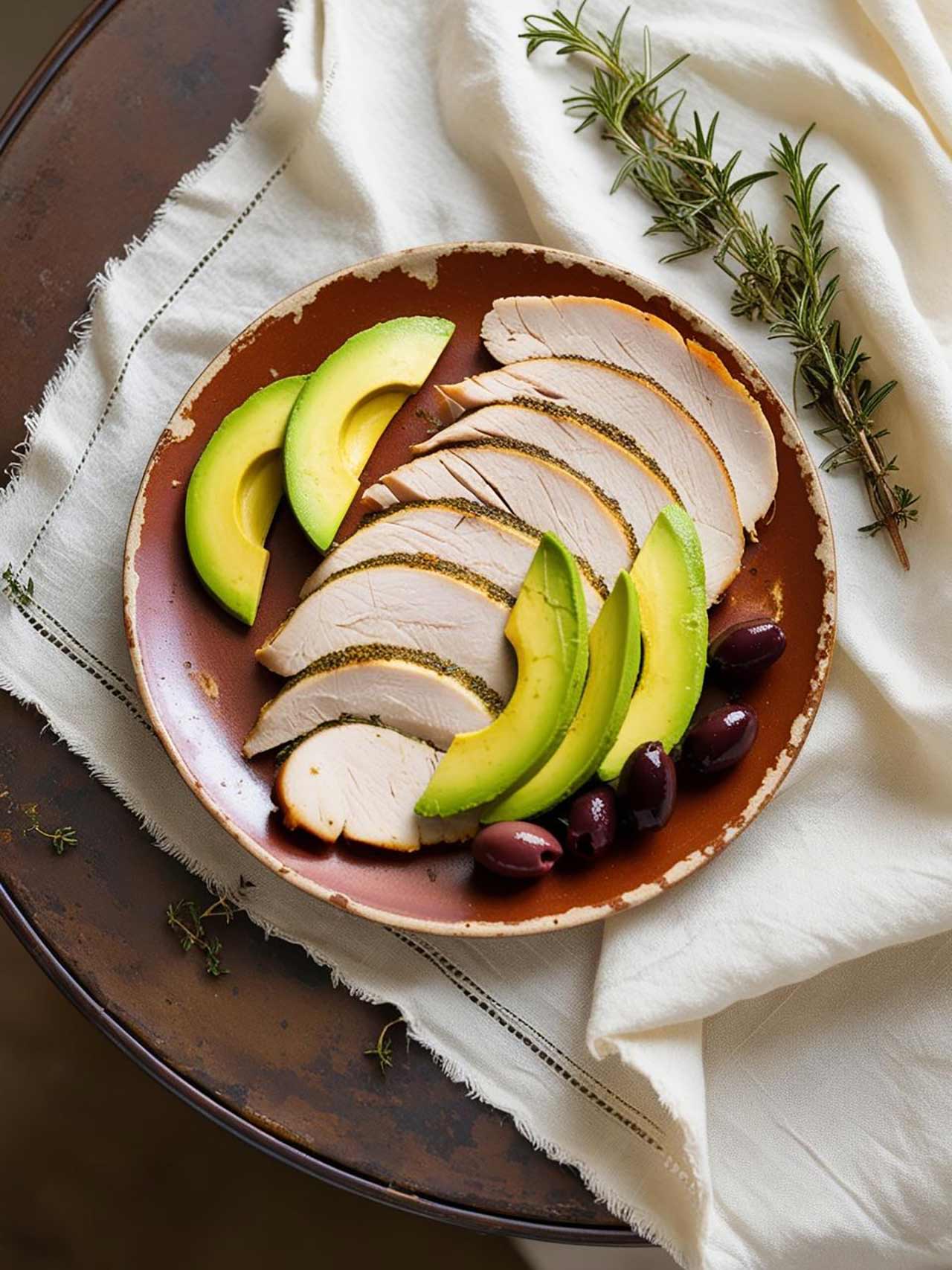 A rustic plate with turkey breast slices, avocado slices, and olives. Overhead focus.
