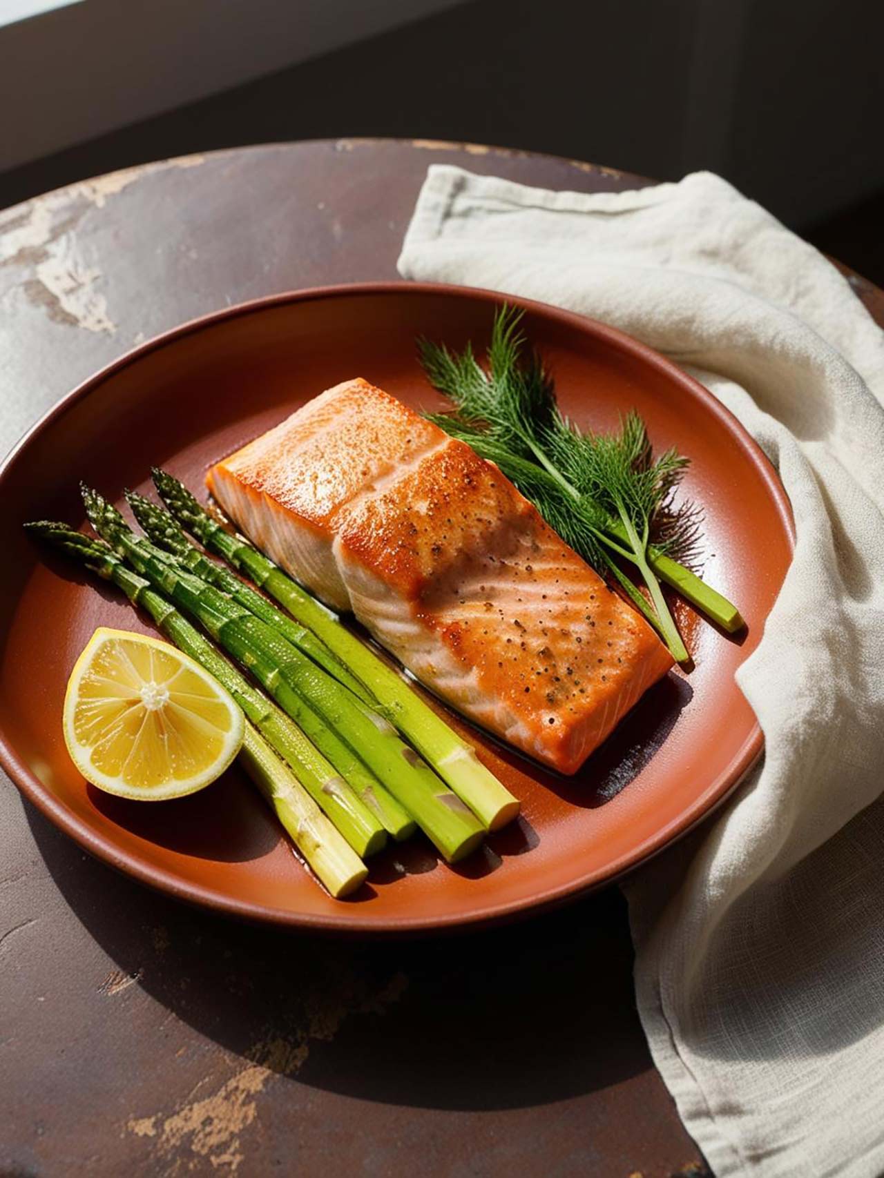A brown plate with a salmon filet, asparagus, a lemon wedge. and some fresh dill.