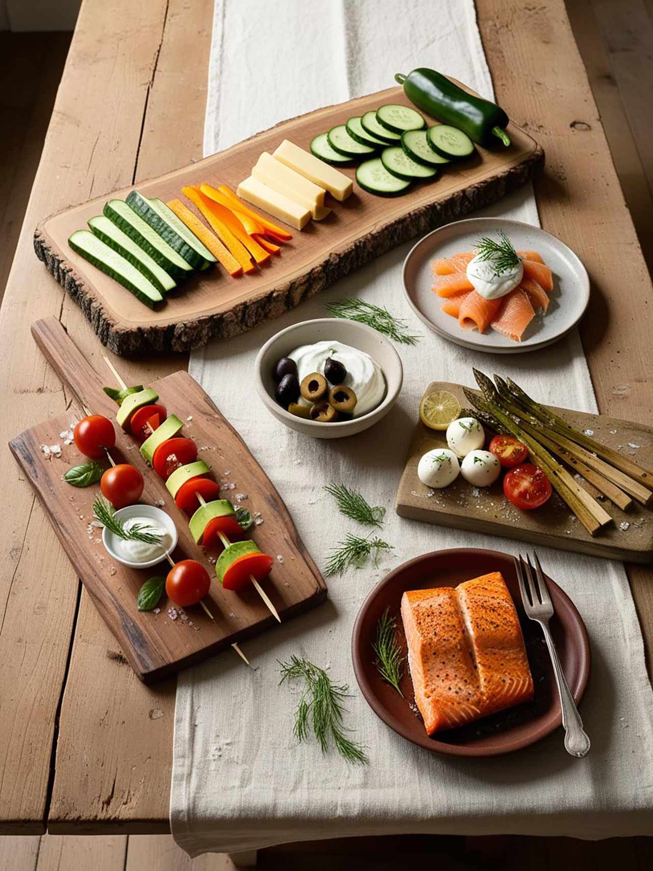 A rustic wood table set with boards and plates that hold low-carb girl dinner ideas.