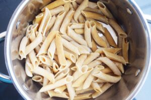 Cooked pasta in a pot.