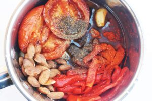 All the Romesco Sauce Recipe ingredients in a pot.