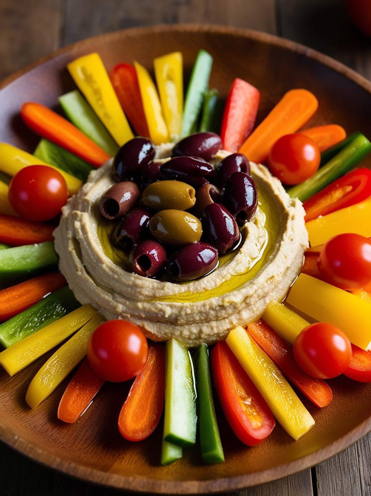 A wood platter filled with fresh veggie sticks with hummus in the middle topped with mixed olives and olive oil.