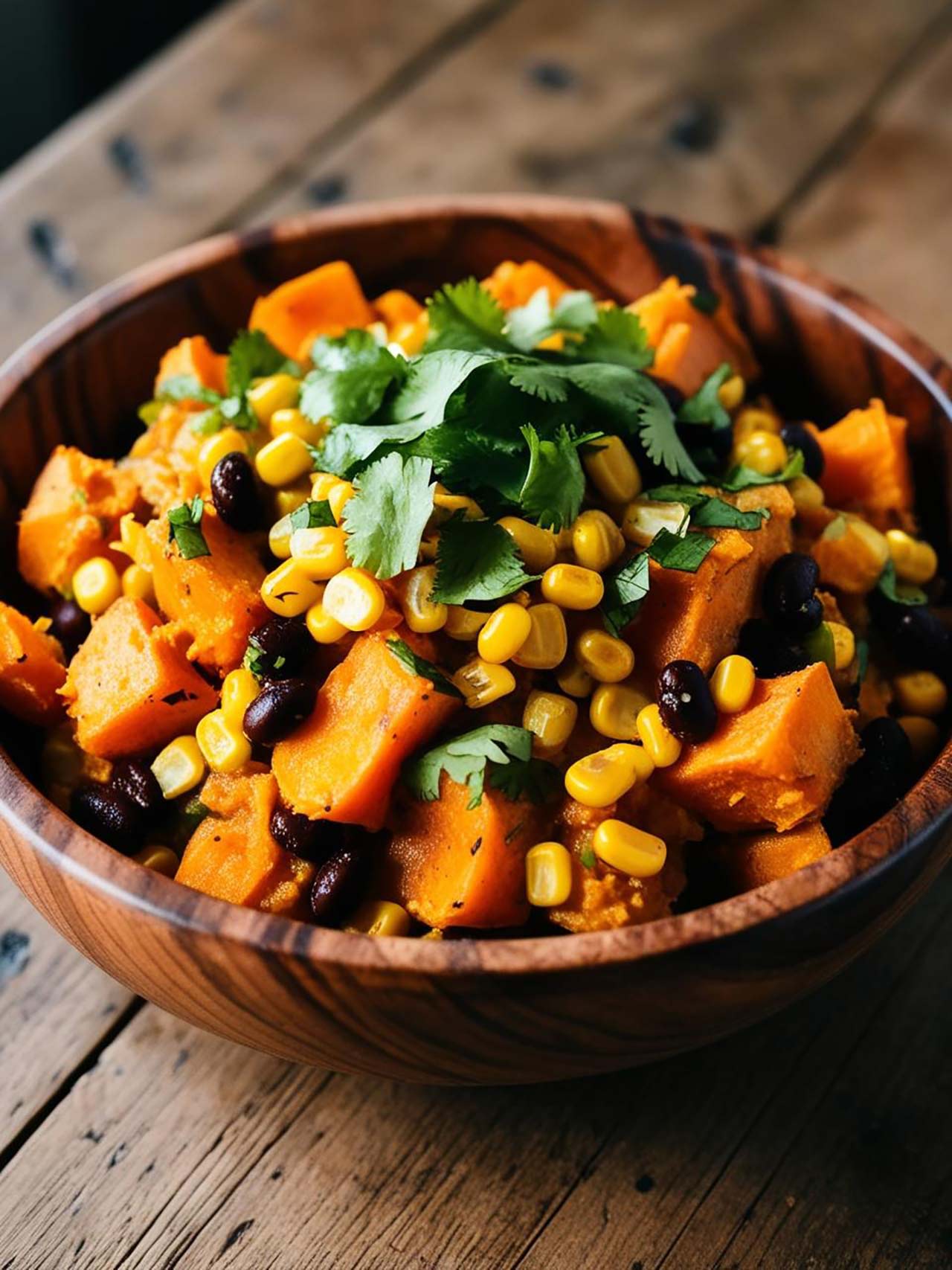 A wood bowl of sweet potatoes, black beans and corn topped with fresh cilantro.