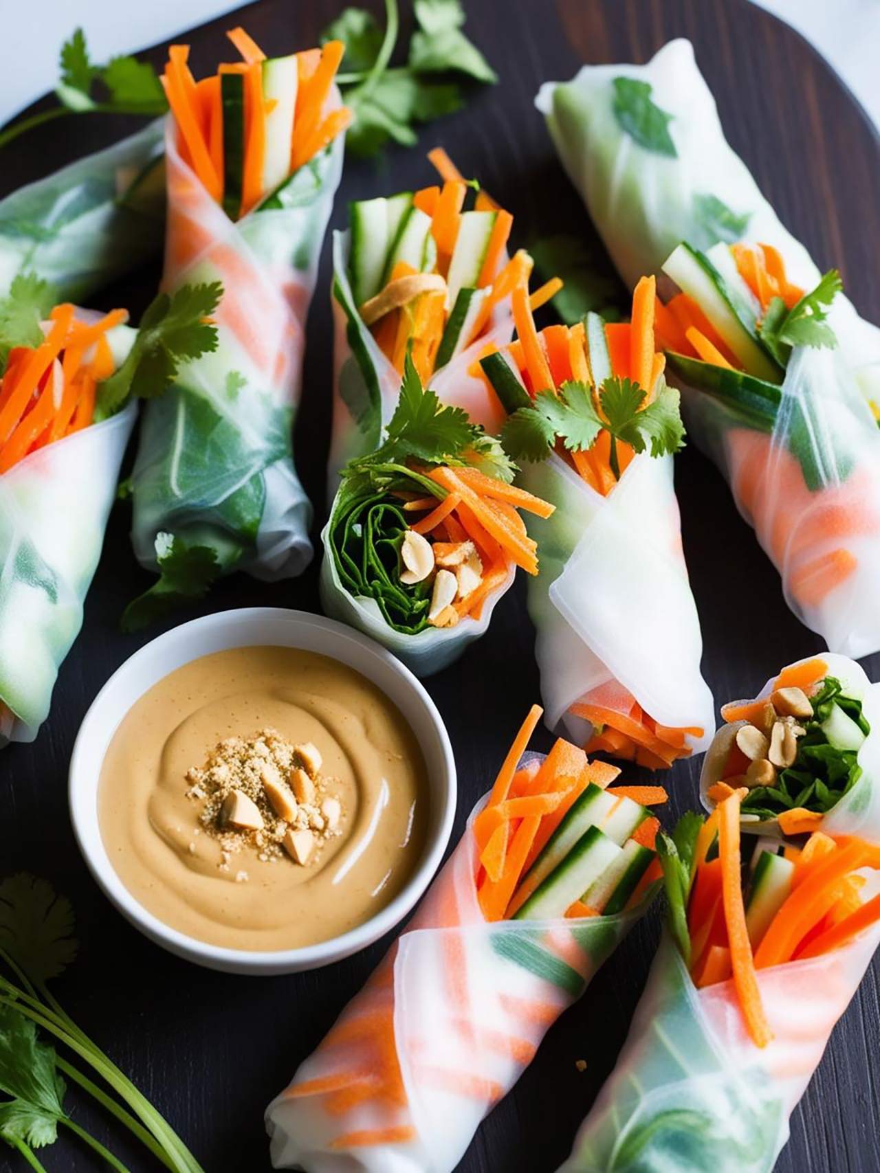 Rice paper-wrapped veggies with peanuts, fresh cilantro, and a small bowl of peanut sauce.