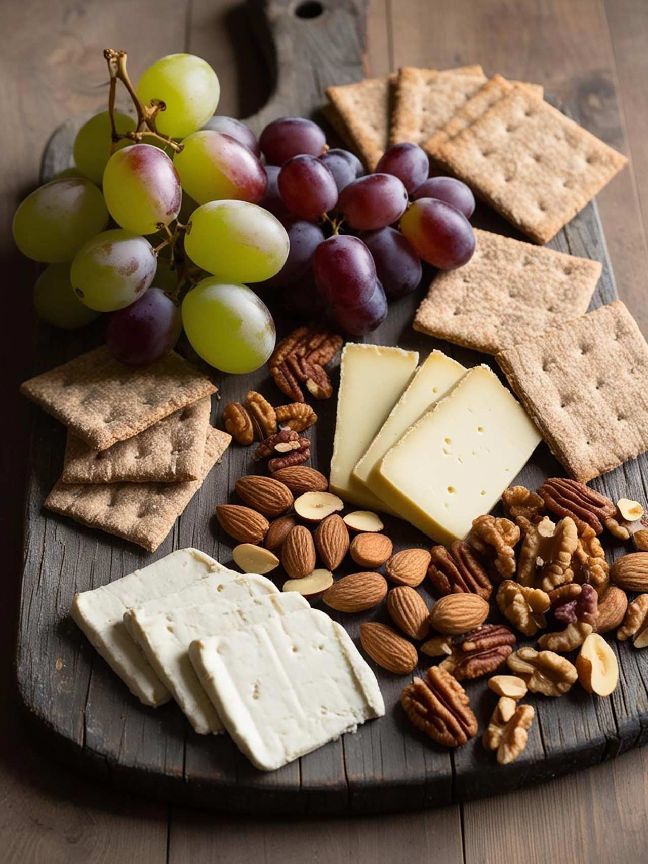 A vegan cheese board with rustic, whole-grain crackers, mixed nuts, grapes and slices of vegan cheese.