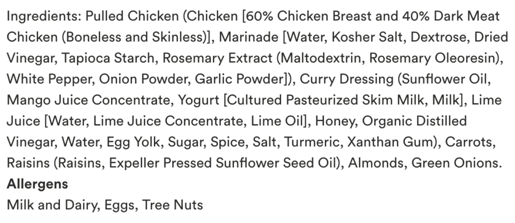 Ingredients for the Whole Foods version of this curried chicken salad.