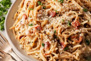 Closeup of a bowl of Pasta Carbonara.