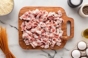 Chopped bacon on a wood cutting board.