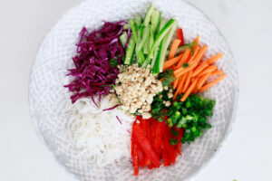 Spring Roll Salad ingredients in a bowl. Overhead view.