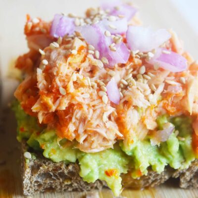 Closeup of a slice of tuna avocado toast.